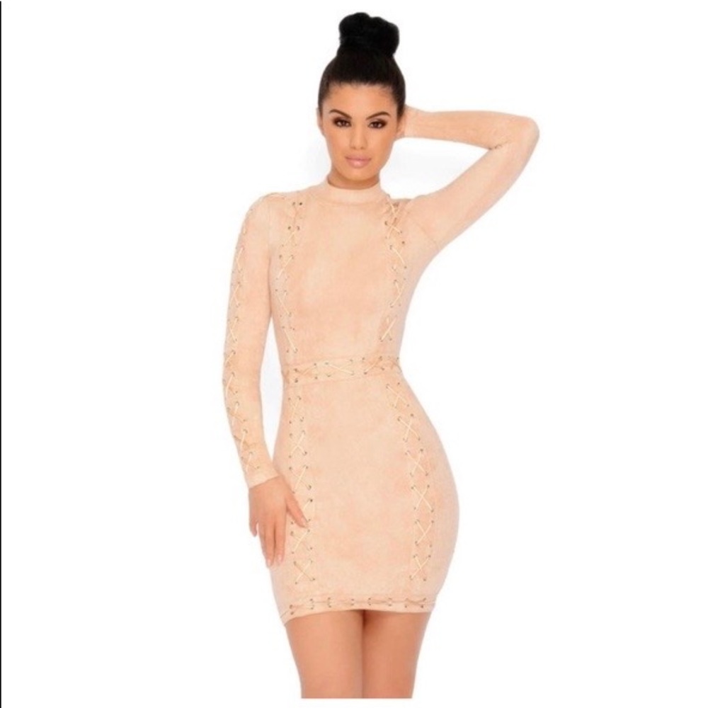 Oh Polly Suede Long Sleeve Lace Up Mini Dress